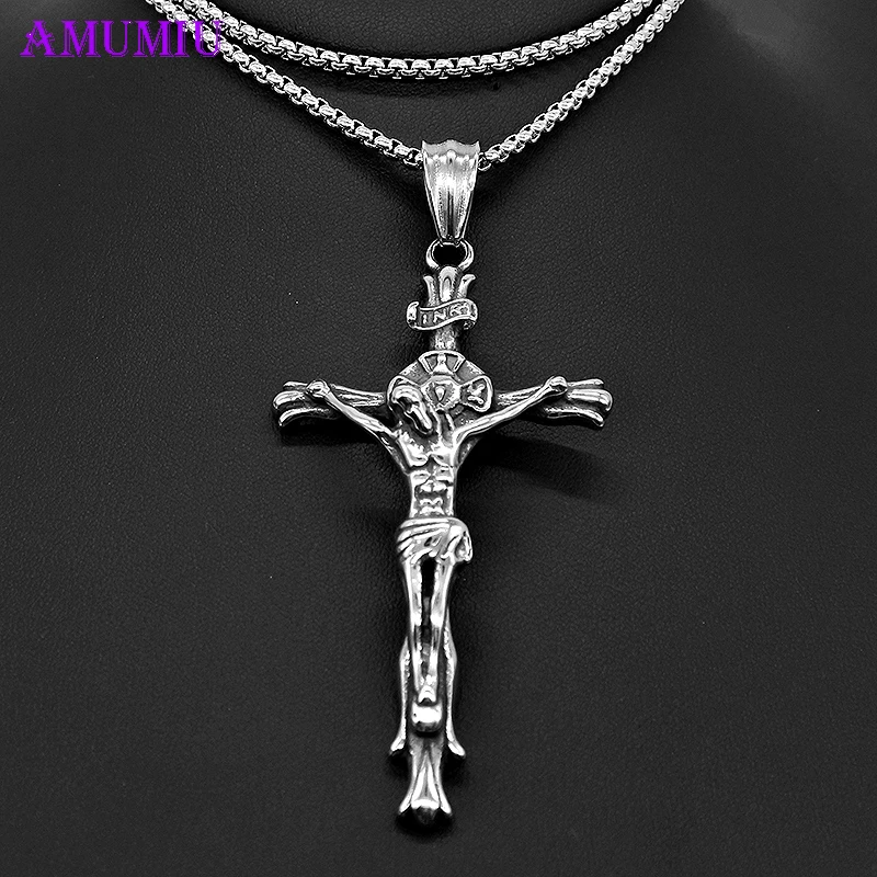 AMUMIU мужские нержавеющая сталь серебро кубинский большой Крестик с распятием