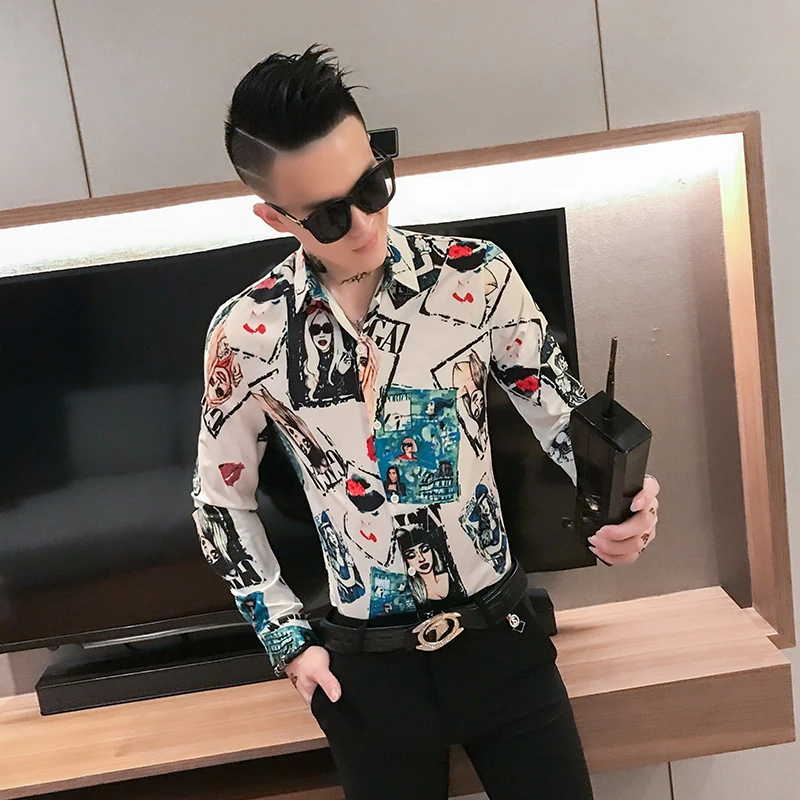 Men Shirt High Quality Brand 2019 Long Sleeve Streetwear Casual Slim Fit Pretty Girl Print Mens Shirts Party Tuxedo | Мужская одежда