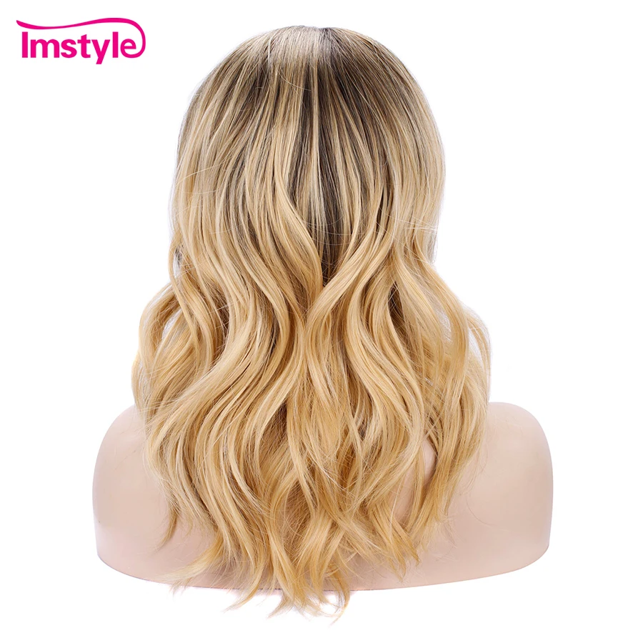 Imstyle Ombre Blonde Wig Synthetic Lace Front Short Water Wave Free Part Heat Resistant Fiber Glueless Daily Cosplay Wig|Синтетические