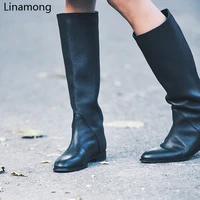 women black knee high round toe boots ladies winter flat heel retro design vintage shoes female long boots street style