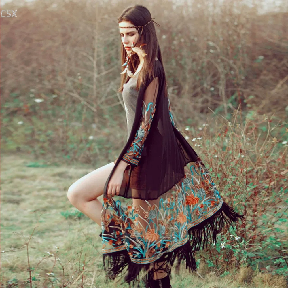 Женский прозрачный длинный кардиган с цветочной вышивкой из шифона кисточками