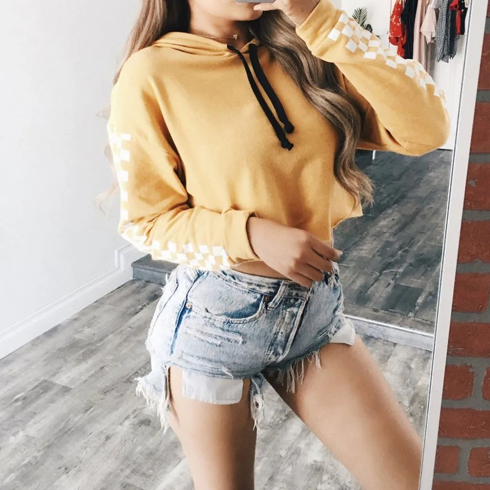 Womens Girls Short Sweatshirt Plaid Cropped Tops Pullover Hoodies Drawstring New | Женская одежда