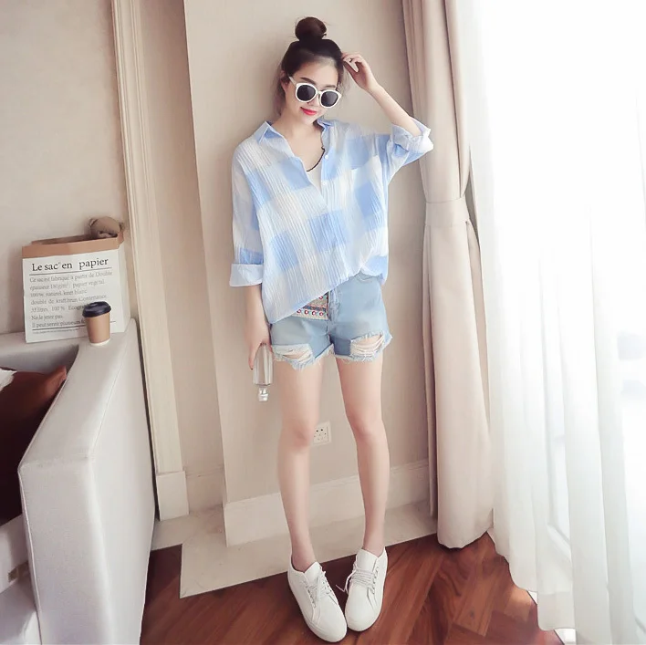 2018 New Fashion Women Large Blue Red Plaid Stripe Half Frill Sleeve Lapel Long Women's Tops blusas blouse |