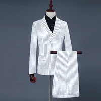 mens white and black stripe groom dresses performing suits double breasted smart casual men suit slim fit white regular blazers