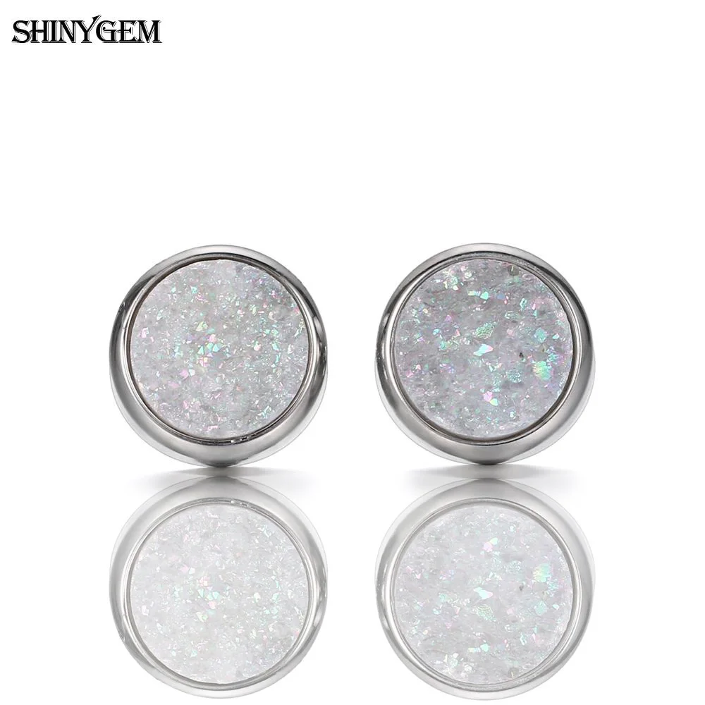 Opal Серьги-гвоздики из нержавеющей стали ShinyGem Druzy, высокое качество, 6 мм/8 мм/10 мм, круглые модные сверкающие серьги из натурального камня для женщин - Окраска металла: Opal