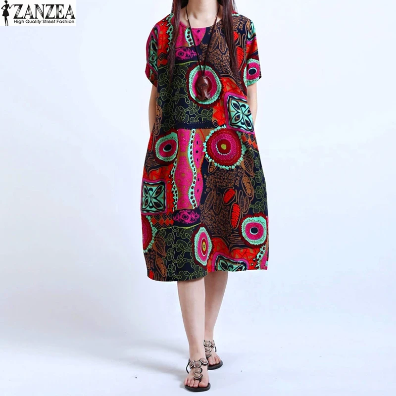 Новинка, топы, M-5XL, ZANZEA, женское платье с круглым вырезом, цветочный принт, короткий рукав, Повседневное Платье До Колена, мешковатое Платье-туника, Vestido