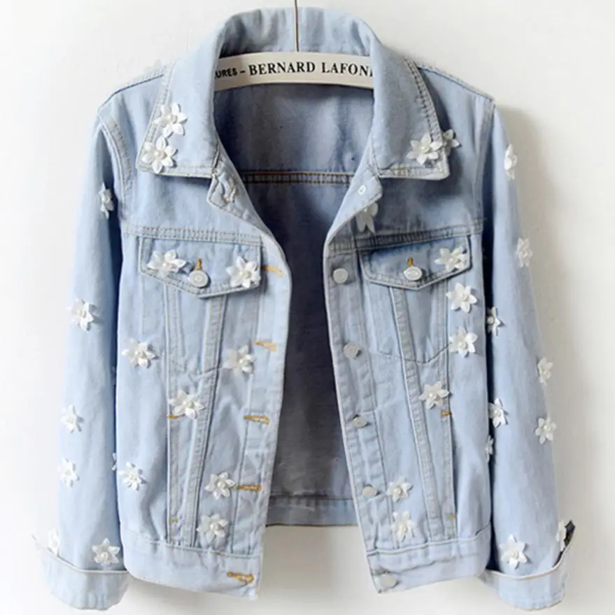 Новинка модное приталенное джинсовое пальто с цветочным узором украшенное