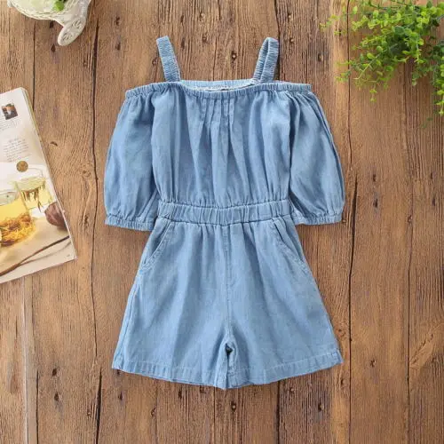 Emmababy Одежда для детей малышей девочек с открытыми плечами Denim Off Shoulder Romper