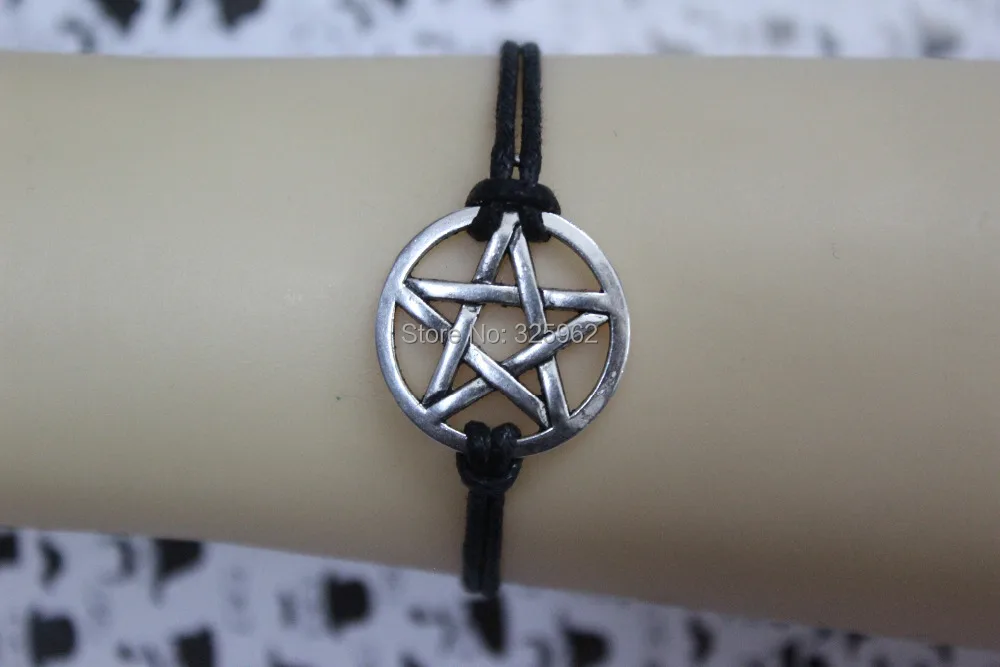 Старинное серебро пентаграмма / звезда браслет Черный воск каната Подарок на
