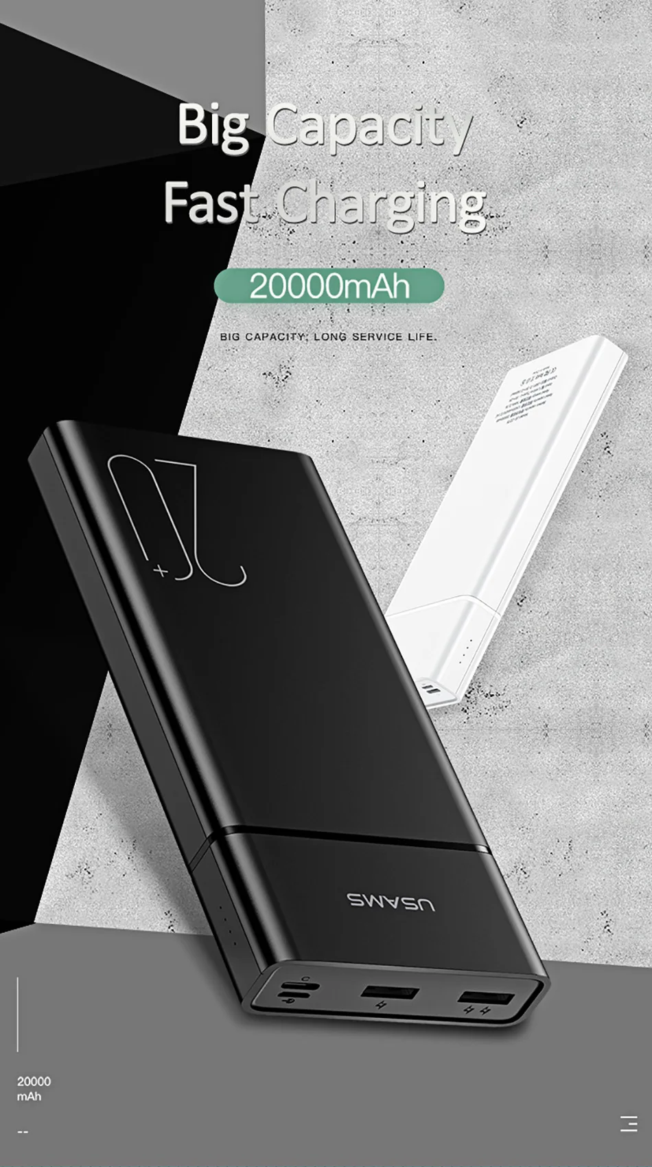 USAMS портативный внешний аккумулятор 20000 мА/ч с двумя портами USB Micro type c внешний аккумулятор тонкий повербанк внешний аккумулятор зарядное устройство для мобильного телефона