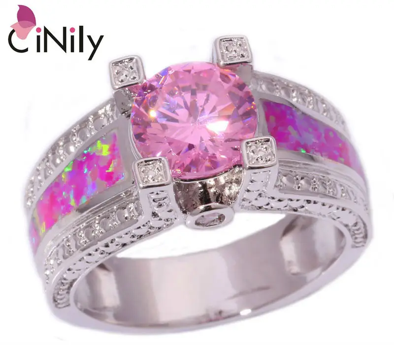 Кольцо CiNily Created розовое огненное Опаловое циркониевое серебряное покрытие