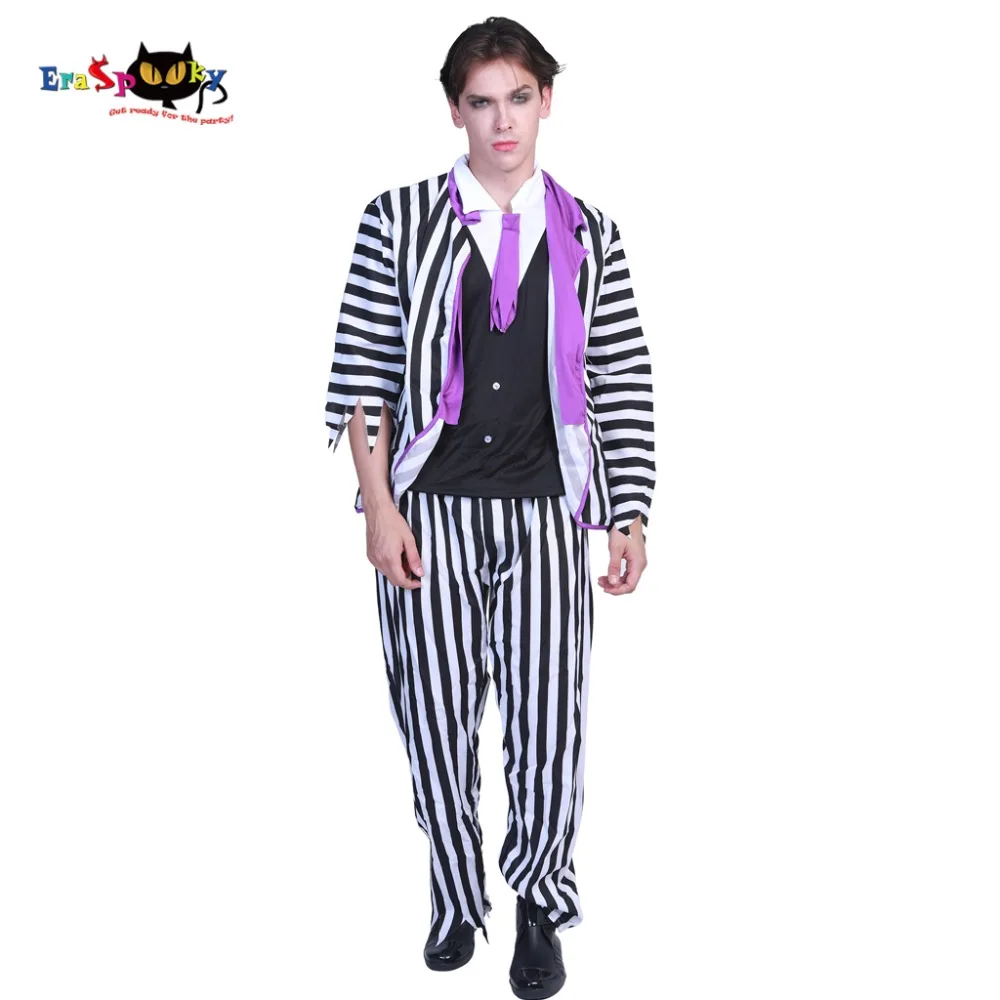 Plus size Mens Deluxe Beetlejuice Costumes Movie Scary Halloween Costume for Adult Striped Suit Horror Prisoner Carnival Outfit