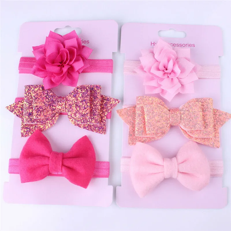 New Princess 3Pcs/set Infant Baby Girls Bow Headband Floral Glitter Elastic Headbands Cute Headwear Hair Accessories | Детская одежда и