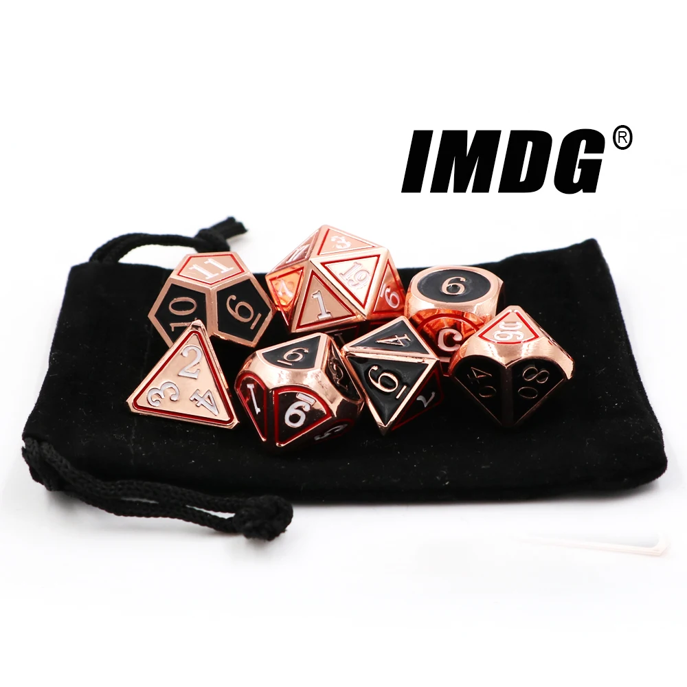 

IMDG 7pcs/set Creative RPG Game Dice Polyhedron Metal Dice DND Enamel Two-tone Black Red Copper Digital Game Dice