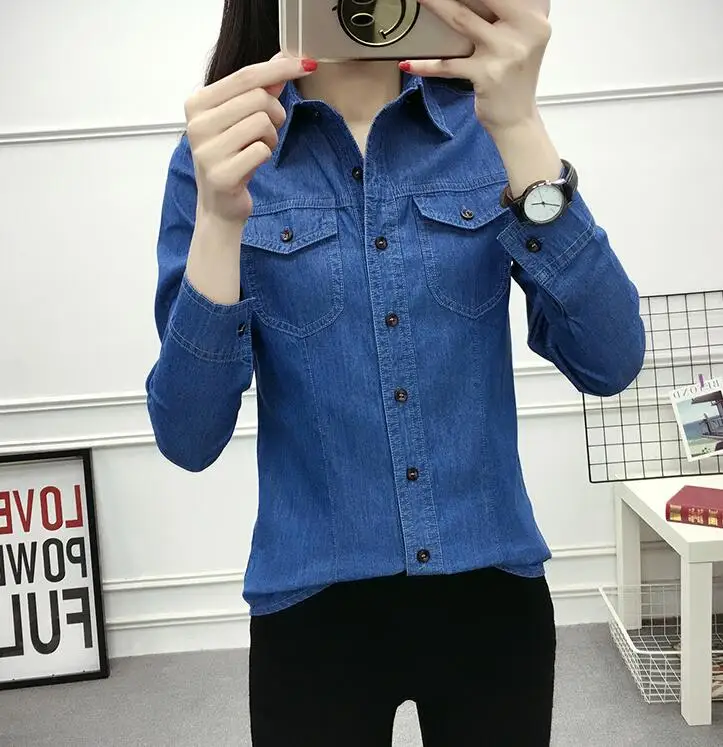 Dark Blue Блуза с длинным рукавом Femme размера плюс, джинсовая рубашка для женщин, с карманами, синяя, базовая, для девушек, топы, хлопок, Camisa, джинсы, Feminina, винтажная блуза - Цвет: Dark Blue