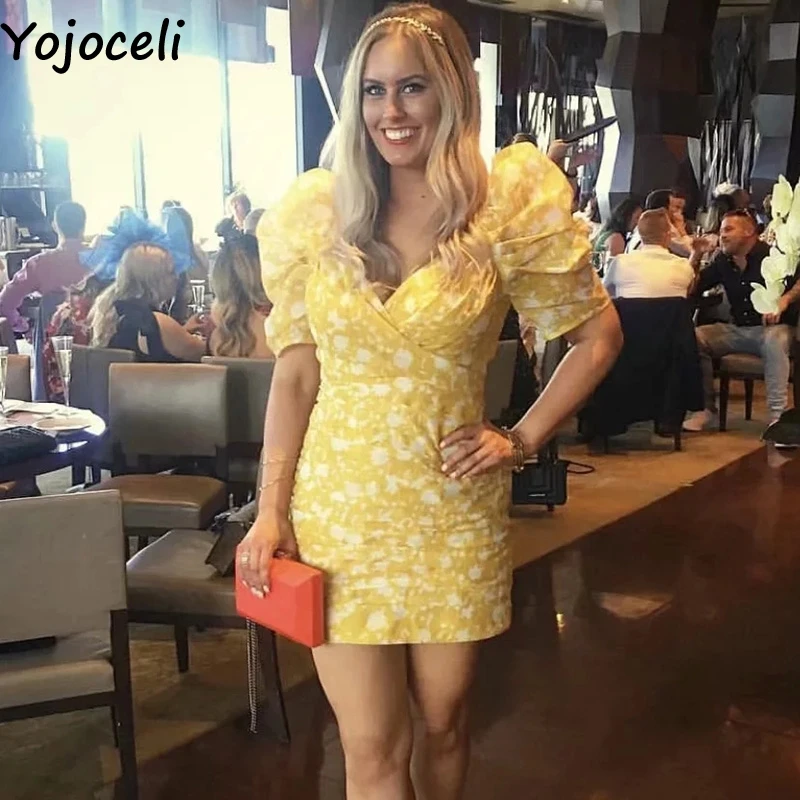 Yojoceli с пышными рукавами короткое облегающее платье для женщин летние элегантные