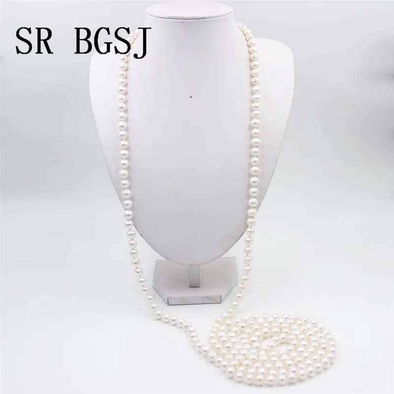 

Free Shipping 6-12mm High Quality Round White Freshwater Pearl Knot Sweater Lady Long Pearl Yoga Necklace 48" 64" 100"