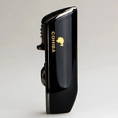 COHIBA карманный инструмент, блестящий желтый металл, форма рта змеи, Бутан, ветрозащитный 3 фонарь, зажигалка для сигарет - Цвет: Black