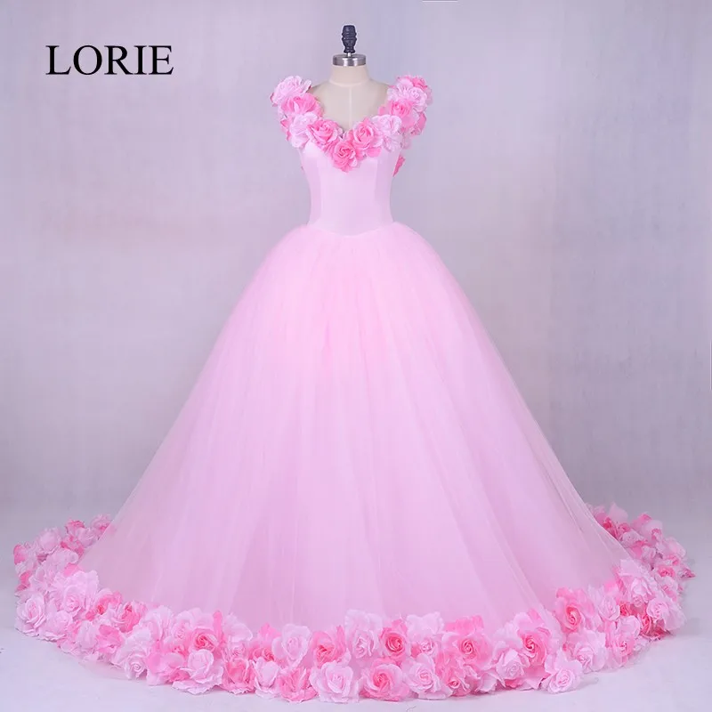 Gothic Pink Wedding Gowns 2018 LORIE Vestidos de noiva 3D Flowers Romantic Bridal Dresses Off Shoulder Plus Size Custom Made | Свадьбы и