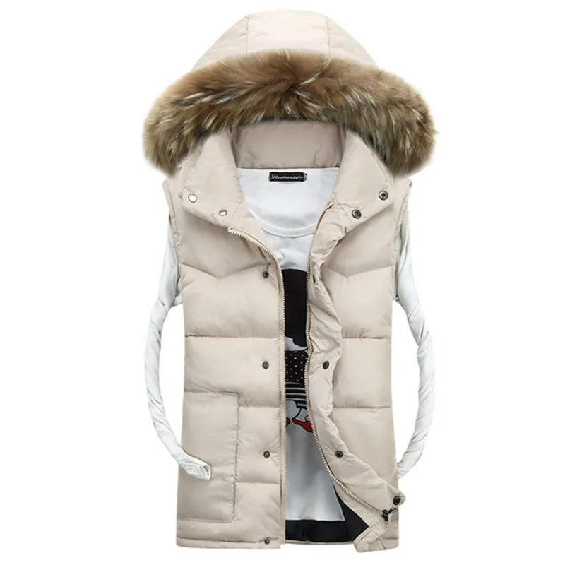 beige white S-5XL для мужчин с капюшоном съемный однотонный Повседневный жилет верхняя одежда меховой воротник пара унисекс Толстая теплая зимняя куртка без рукавов - Цвет: beige white