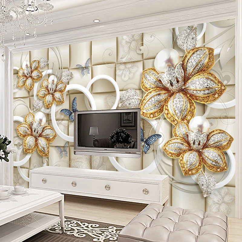 Европейский стиль 3D стерео круг Жемчужный Цветок фрески обои Гостиная ТВ диван