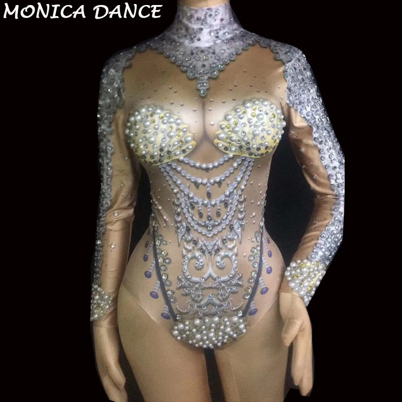 

Женский перламутровый костюм для сцены и ночного клуба, боди со сверкающими кристаллами, шикарный женский наряд, костюм для празднования дн...