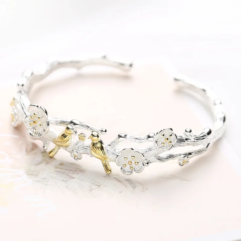Bangle Европейские ювелирные изделия, 925 пробы, серебро с золотом, кольцо с птицей, Женские Ювелирные изделия - Цвет основного камня: Bangle