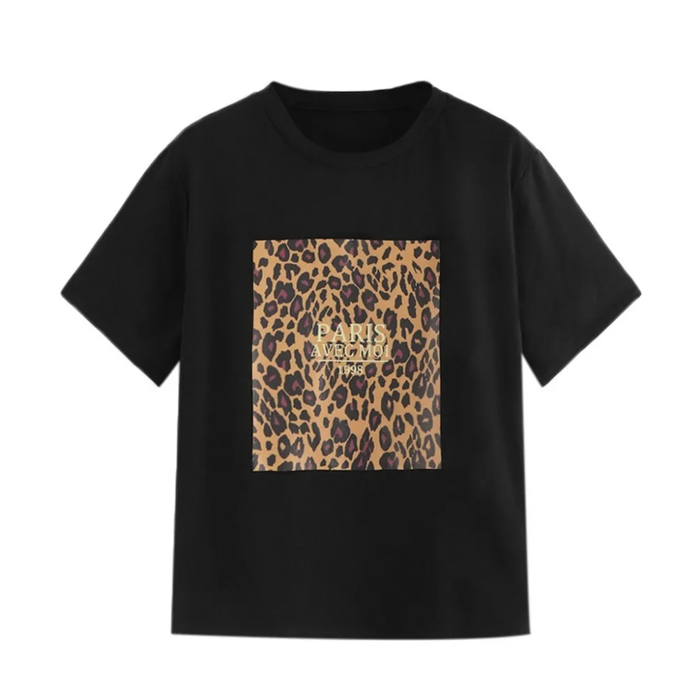 Женская леопардовая футболка с круглым вырезом повседневные топы короткими