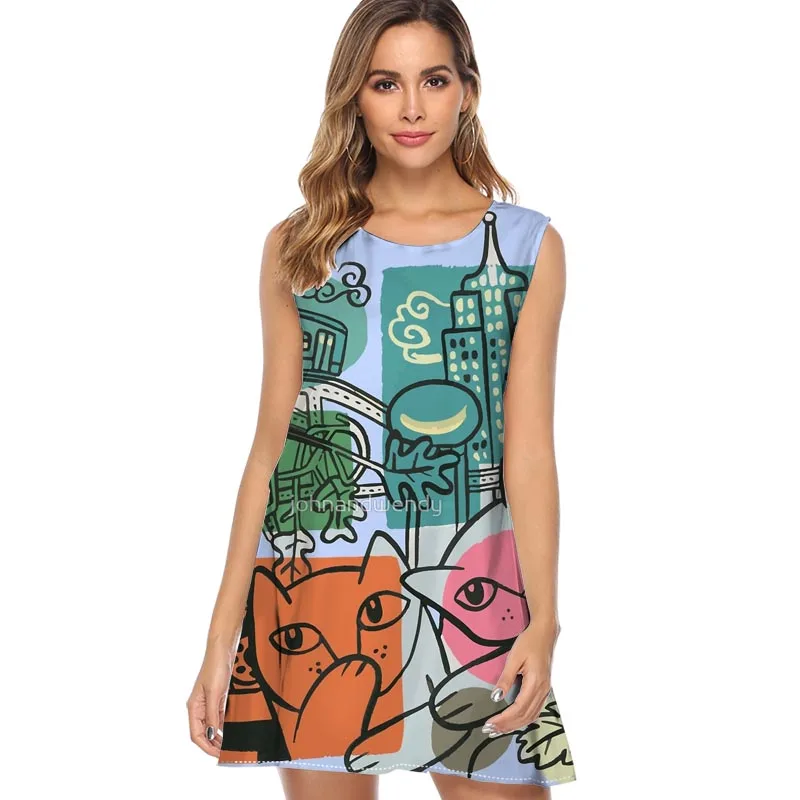 

Orange flower pattern Women Dress 2019 New Arrival Print sleeveless Summer Dress O neck Casual Loose Mini Chiffon Dresses