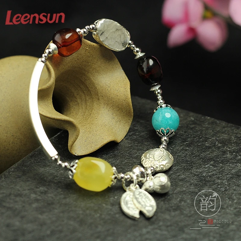LEENSUN ювелирные изделия ручная работа серебро 925 пробы с янтарными