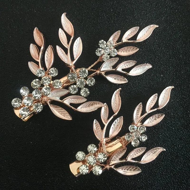

SLBRIDAL Alloy Rose Gold Austrian Crystals Rhinestones Flower Leaf Wedding Hair Clip Barrettes Bridal Headpiece Hair accessories