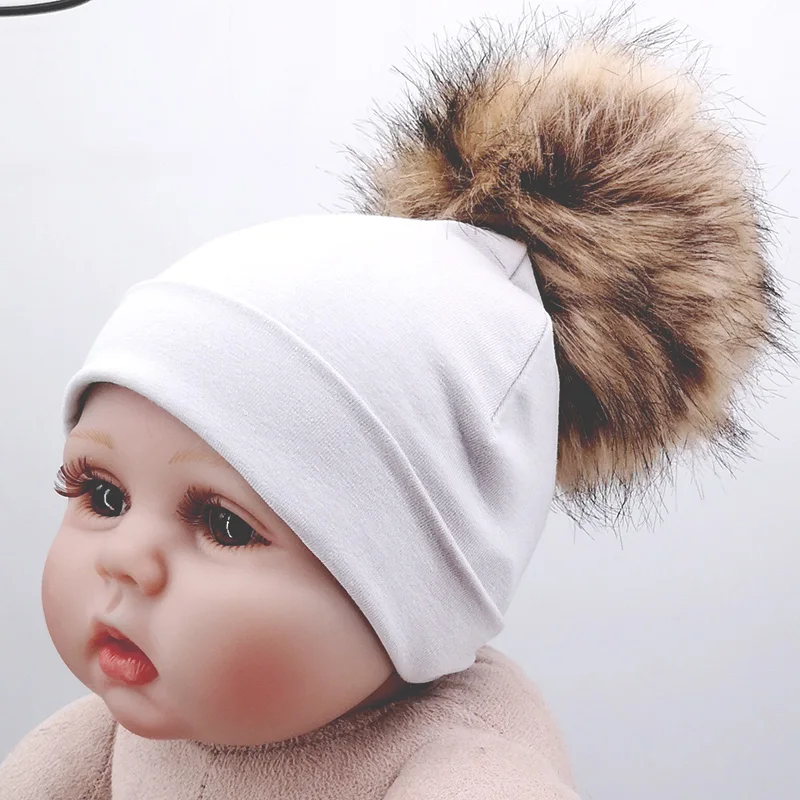New Spring Newborn Baby Boys Girls Cotton Beanies Hats With Big Faux Fur Pompom Solid Cute Girls Hats Cap Hair Accessories
