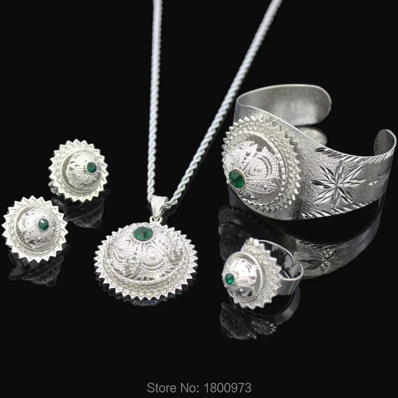 

Ethiopian Color Stone Jewelry Set Silver Plated Pendant/Necklace/Earrings/Ring/Bangle Jewelry Africa Bride Wedding Eritrea