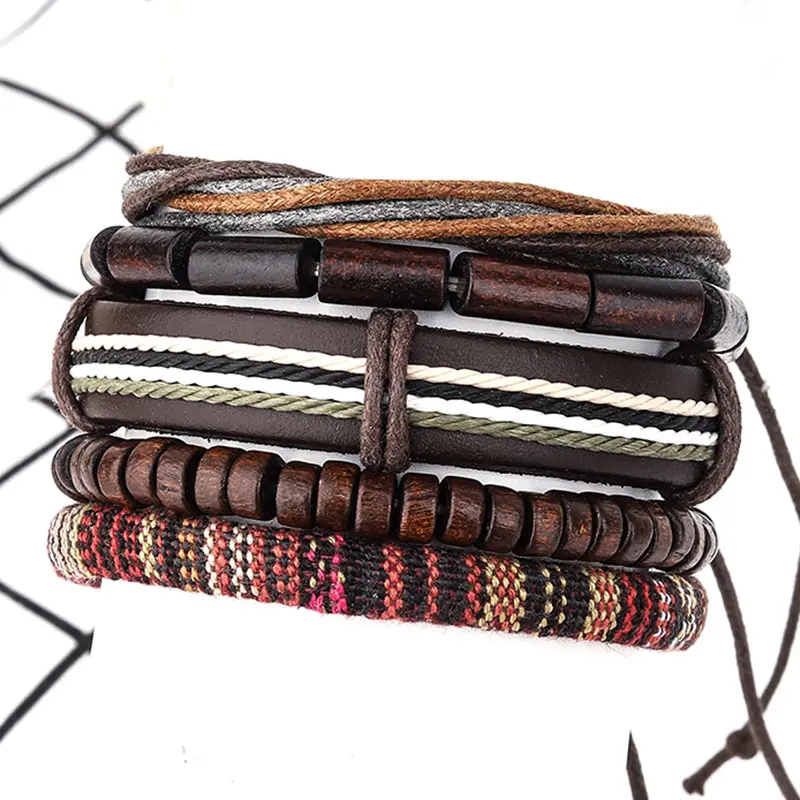 Оптовая продажа 15 шт./компл. Многослойный кожаный мужской браслет с деревянными
