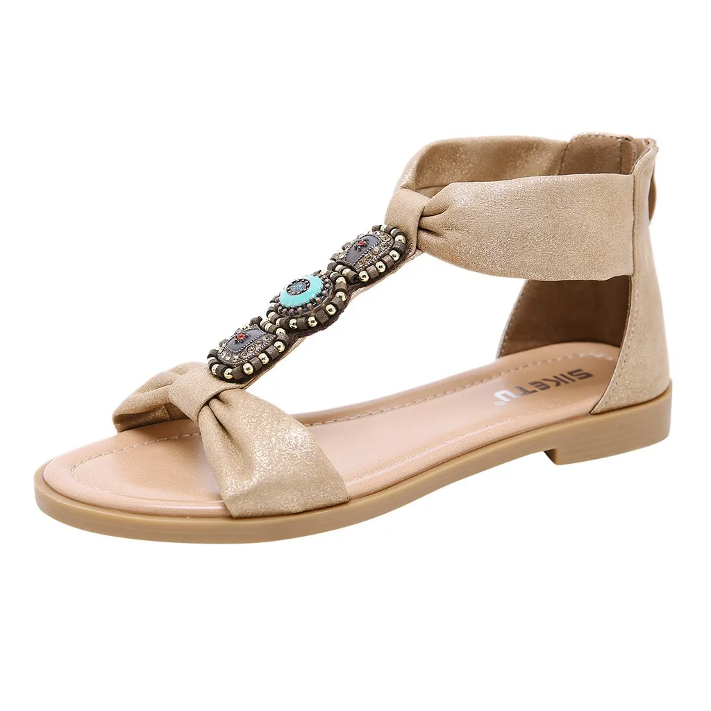 SAGACE; Новинка года; женские босоножки на платформе; chaussures femme; Женская обувь в богемном стиле; Ретро; римские повседневные сандалии на плоской подошве, украшенные жемчугом и кристаллами, на молнии - Цвет: Хаки