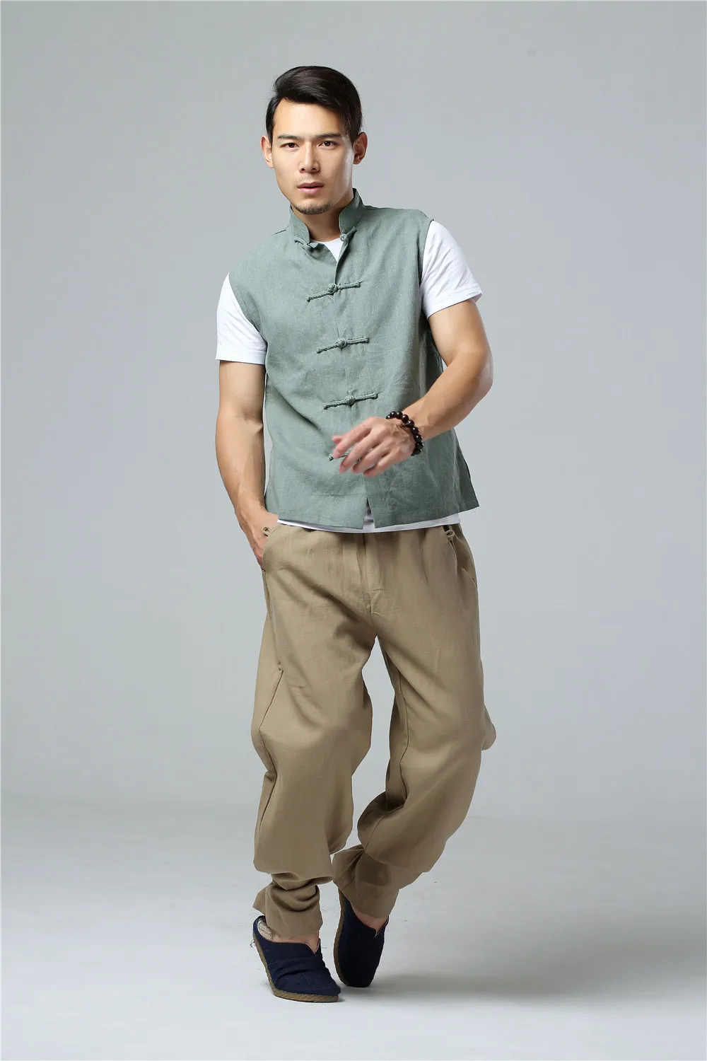 LZJN Men's Summer Waistcoat Chinese Style Vintage Breathable Linen Button Down Kung Fu Shirt Sleeveless Vest Jacket