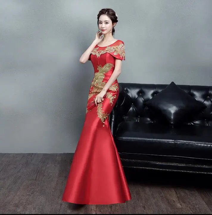 

Red Phoenix Cheongsam Mermaid Wedding Bridal Chinese Women dress Fish tail Embroidery