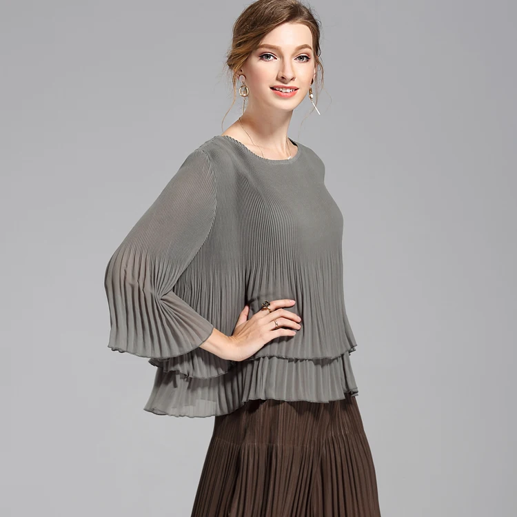 Changpleate Spring Women's gray t-shirt Miyak Pleated Design flared sleeves round neck loose elasticity women's regular t-shirts grey tiered design cold shoulder half sleeves t shirts