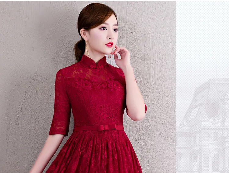 Китайское платье Qipao красное вино вечерние платья новая мода длинное кружевное вечернее платье невесты восточные Свадебные платья Cheongsam