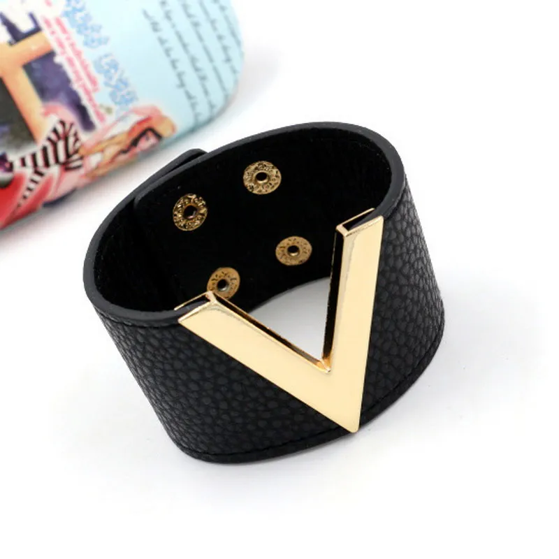 Женский широкий кожаный браслет с V образным вырезом|Браслеты| |