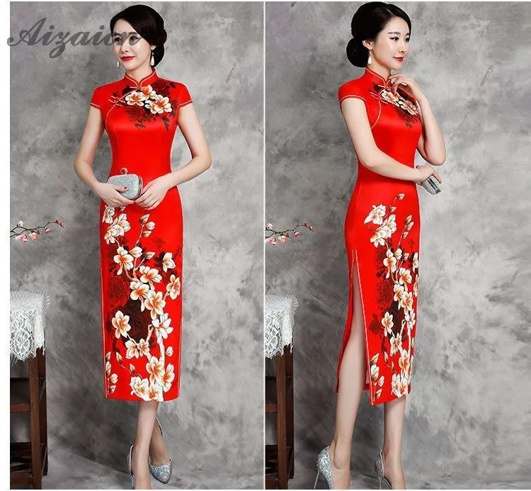 Женское китайское традиционное платье Ципао с принтом Cheongsam размера плюс, длинные платья Qi Pao, новинка, зеленое элегантное ретро платье