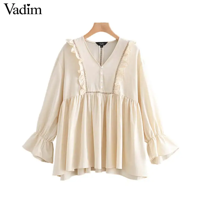 Vadim women solid V neck ruffles loose blouse flare sleeve pleated oversized female casual shirts sweet chic tops blusas LB045 |