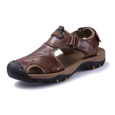 V7238-darkBrown Мужские сандалии; коллекция года; Летние сандалии из натуральной кожи; мужская повседневная обувь; кроссовки; пляжная обувь; мужские сандалии на резиновой подошве - Цвет: V7238-darkBrown