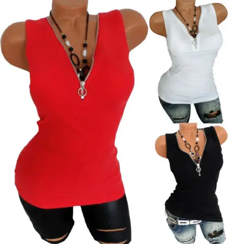 Блузка женская летняя с треугольным вырезом однотонная без рукавов на молнии |