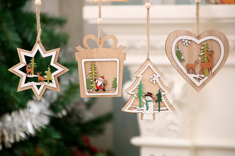 3D Christmas Star Wooden Pendants Ornaments Xmas Tree Ornament DIY Wood Crafts Kids Gift for Home Christmas Party Decorations