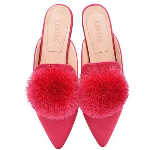 Hot pink Lovirs/женские туфли без задника; Лоферы без застежки с пышными помпонами; атласные шлепанцы без задника с острым носком - Цвет: Hot pink