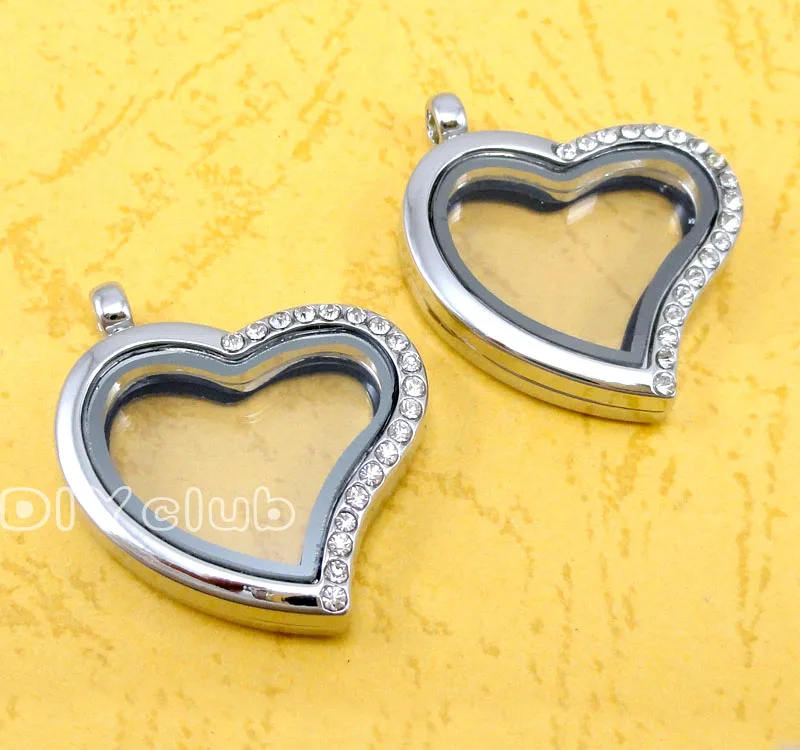 2pcs-Silver сердце Форма плавающей медальон с Стразы Стекло кулон медальоны на память