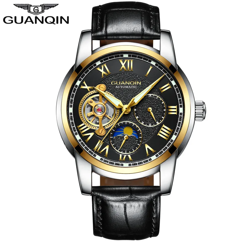 Relogio masculino GUANQIN брендовые роскошные часы с каркасом Турбийон мужские спортивные полностью стальные водонепроницаемые автоматические механические наручные часы - Цвет: Black Gold Black