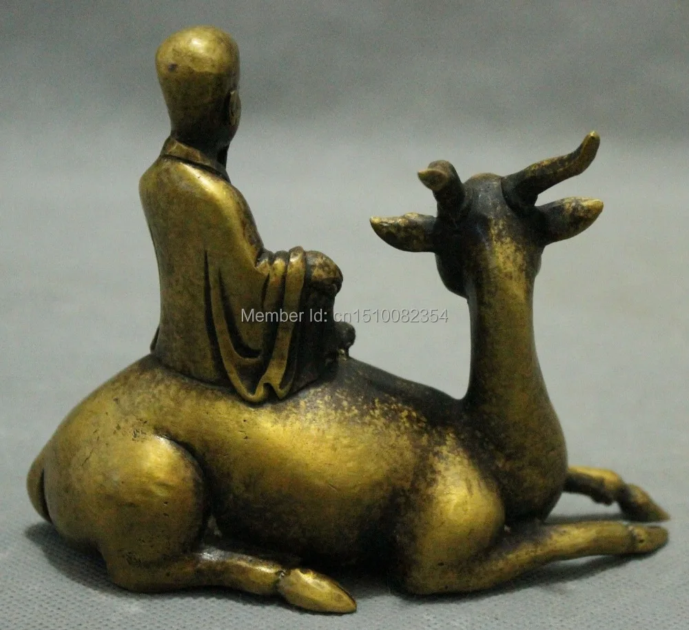 Китайский Бронзовый даосизм монах Бог долголвия даосская езда олень Joss Статуя