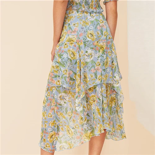 Skirt SHEIN Многослойная Асимметричная Юбка С Ботаническим Принтом Женская Летняя Многоцветная Богемная Юбка - Цвет: Skirt